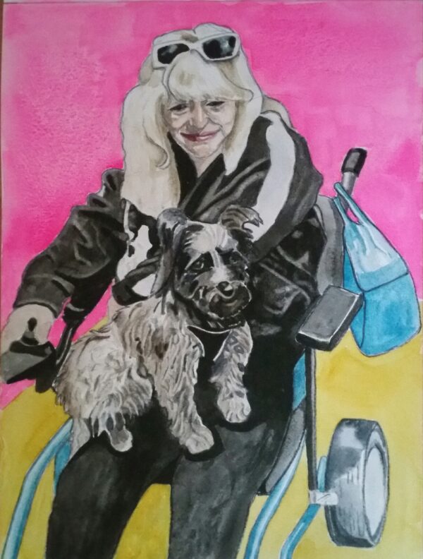 ID Watercolour portrait of long blonde haired, middle aged woman, she is sat in her wheelchair and can be seen to the calf. She is wearing a black puff jacket with white strips down each arm and a white logo on the front, a wee shaggy haired dog is sat on her knee, she is wearing black leggings. Her wheelchair frame is blue and she has a matching blue handbag over the push handles of the chair. She has sunglasses on top of her head. The background is Acid yellow on the bottom half and acid pink on the top half.