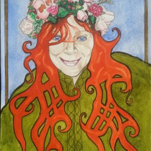 ID Alphonse Mucha inspired, watercolour portrait of flame red haired woman, she has long hair and is wearing an olive green top, her hair is stylised to reveal celtic patterns between her hair strands and top. She is beautiful and smiling and has deep blue eyes. She is wearing a floral wreath on her head. The background is blue and has a thin gold lined frame round the top half of the painting, with gold celtic corners.