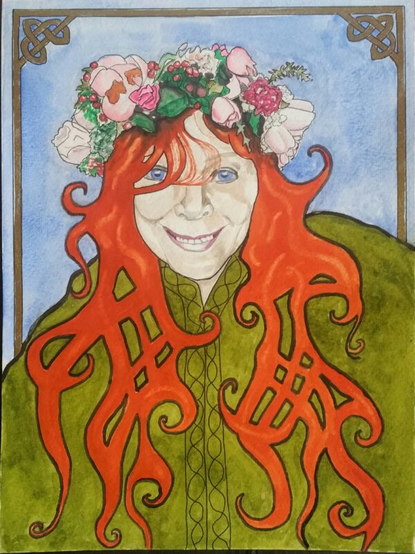 ID Alphonse Mucha inspired, watercolour portrait of flame red haired woman, she has long hair and is wearing an olive green top, her hair is stylised to reveal celtic patterns between her hair strands and top. She is beautiful and smiling and has deep blue eyes. She is wearing a floral wreath on her head. The background is blue and has a thin gold lined frame round the top half of the painting, with gold celtic corners.