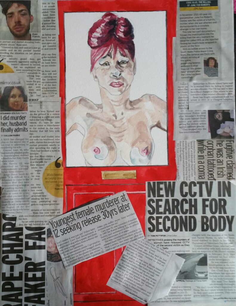 ID: Red haired woman looking anxious and sad, she is topless and her nose and boobs are flattened by the glass in the top half of a red door. the door has a bronze letterbox. Around the door are newspaper columns cut out which are articles about violence on the streets and murder etc.