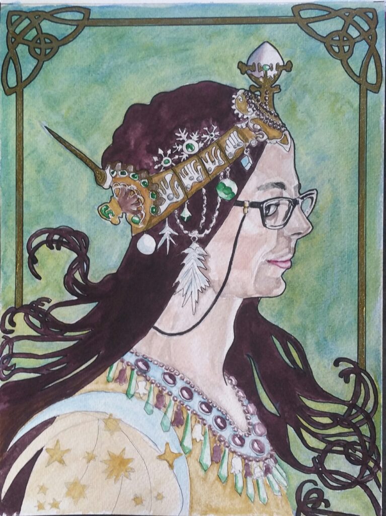 Alphonse Mucha style portrait of attractive women viewed in profile. She has dark brown, long hair with a slightly, reddish/purplish hue. Her hair floats out at the ends and forms into patterns where it crosses itself. On her head she is wearing a head band which is patterned and ornate and has decorative jewels and chains hanging from it which is gold with green jewels. she is wearing a long decorative necklace which has green jewels hanging from it and embedded jewels that are the same colour as her hair - her top is yellowy gold, with occassional blue, The background is turquoise and slightly mottled and the picture is surrounded by a gold border with art nouveau/celtic style corners