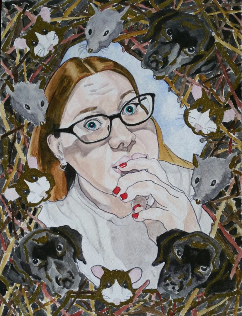 ID: Painting of Woman with shoulder length auburn hair, with hand at mouth looking a wee bit surprised/thoughtful, s - she has large eyes and full lips. She is wearing a white t-shirt and glasses - framing her is a ring of interwoven twigs with the heads of black labradors, hamsters and rats featured in it. between the ring and her face on the right side of her face, blue sky can be seen.