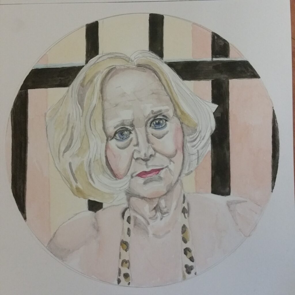 ID: Watercolour painting of middle aged woman with just above shoulder length blonde hair. The straps of her leopard skin top can be seen, the painting is head and shoulders. Behind the woman is a black barred gate.