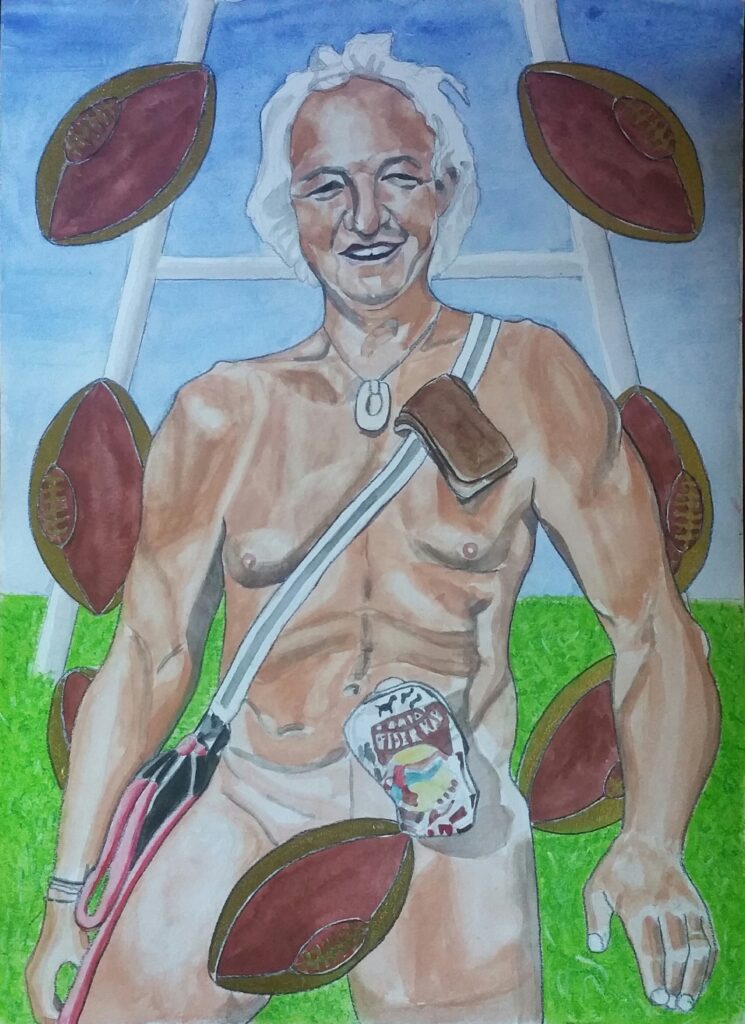 ID Portrait of older gentleman in watercolour, he is naked to the tops of his thighs but his nethers are strategically covered by a rugby ball, he is framed by rugby balls. He is standing with a bag slung over his shoulder with ropes hanging out from the bag and a wallet is attached to the strap at chest height he is well tanned, with white hair and in good shape. He is wearing a colostomy bag. Behind him is a rugby goal posts and the background is green grass and blue sky.