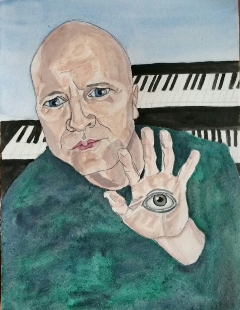 ID - painting of bald headed man with intense eyes. He has one hand held up on which an eye is painted. He is wearing a soft woolly jumper which is grey/green, behind him are some keyboards and the background is sky blue.