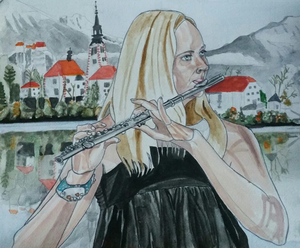 ID Blonde haired woman playing flute. She is wearing a black smock dress, in the background is a Nordic scene, reflected in a lake.