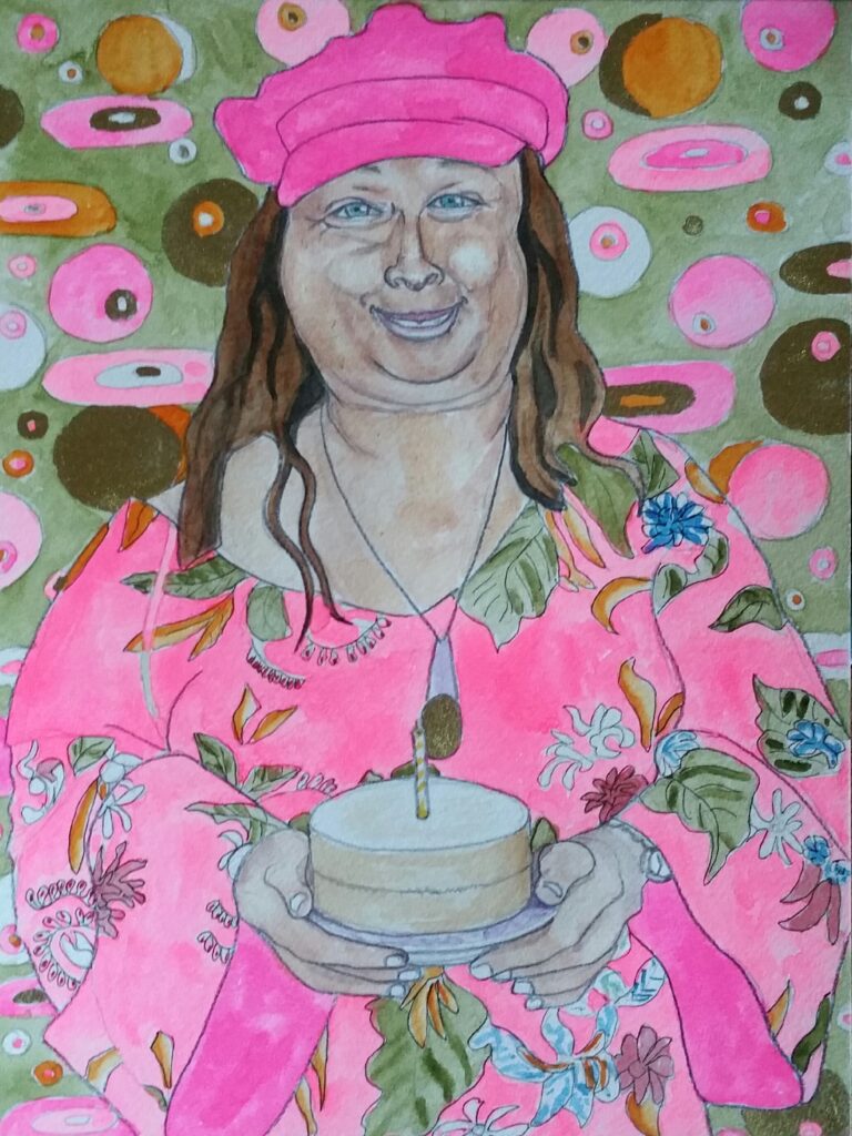 ID Woman wearing a pink floppy hat with a peak, she has long hair and blue eyes, she is wearing a floral pink dress with olive green leaves. The background is Klimt style iwth circles within circles, it features the colours featured in the dress, pinks, oranges, green, gold and white