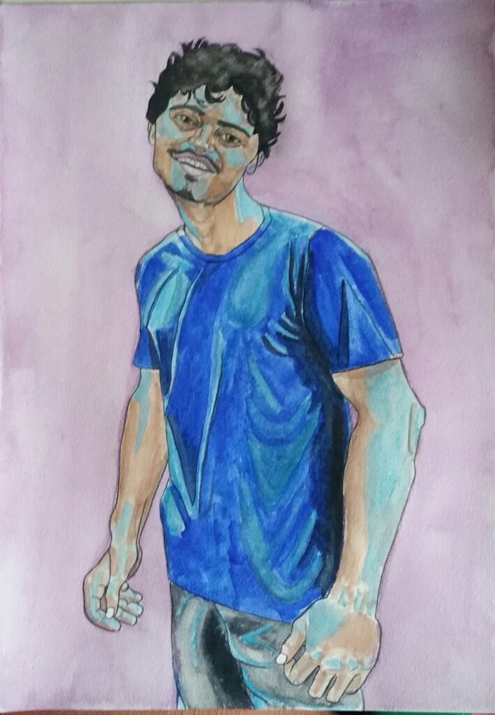 ID watercolour painting of young Indian man he has dark curly hair and a moustache, his head is leaning slightly to one side and his arms are hanging at his sides, he is viewed from 3/4 Angle but his face is turned to look straight at us. He is wearing a blue tshirt and grey shorts - I have added touches of blue on the skin and shorts - the background is violet