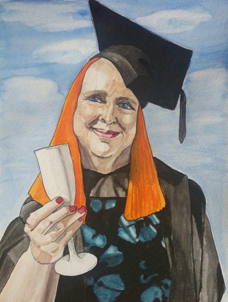 ID Long red haired woman with blue eyes in strong sunshine, she is wearing a graduation cap and gown and is holding a white plastic glass of champagne to celebrate