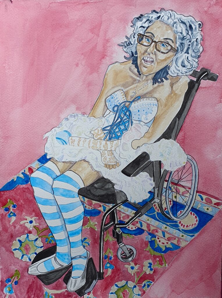 ID Woman sat in wheelchair looking very glam, she has curly grey and white hair and is wearing glasses, she is also wearing a blue and white corset with over the knee blue and white striped socks and she is wearing a very frothy skirt and wrap - her shoes are silver Her wheelchair sits on a red and blue patterned rug and the background is a paler shade of red