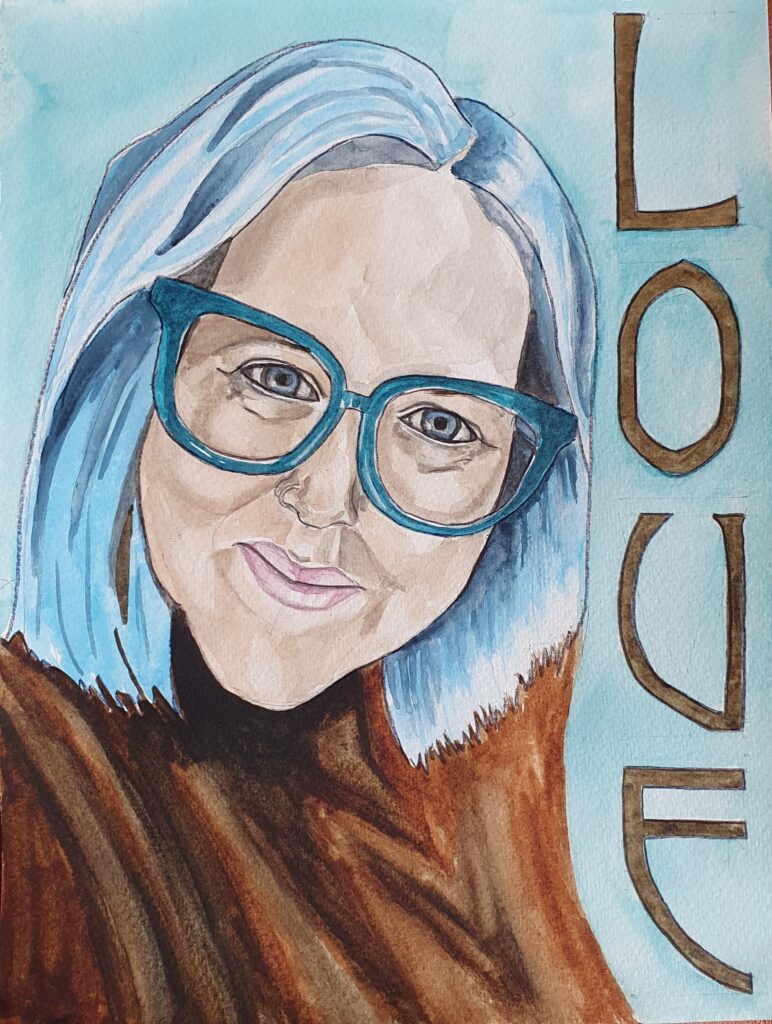 ID Portrait of blue eyed woman smiling slightly up at us, she has an engaging smile, shoulder length blue hair and is wearing thick rimmed blue/green, large lensed glasses - she has a nose ring - and is wearing a brown top, the background is in the same colour as her glasses but much paler. Down one side is "love" written vertically in 20s lettering and in brown