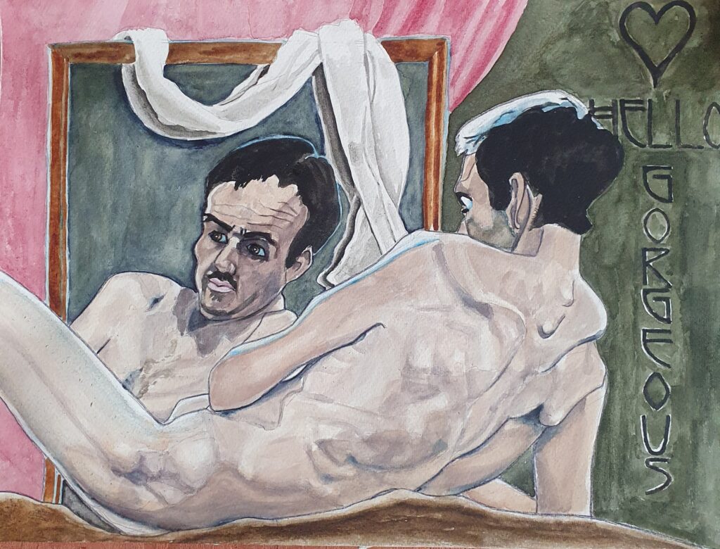 ID Man reclining in front of a mirror with his back to us, and the reflection of his face in the mirror, he has dark hair and dark eyes. Draped over the mirror is a white dressing gown belt. He is lying on a brown blanket. Down the right hand side of the painting in Art Nouveau lettering is a heart and the words "Hello Gorgeous"