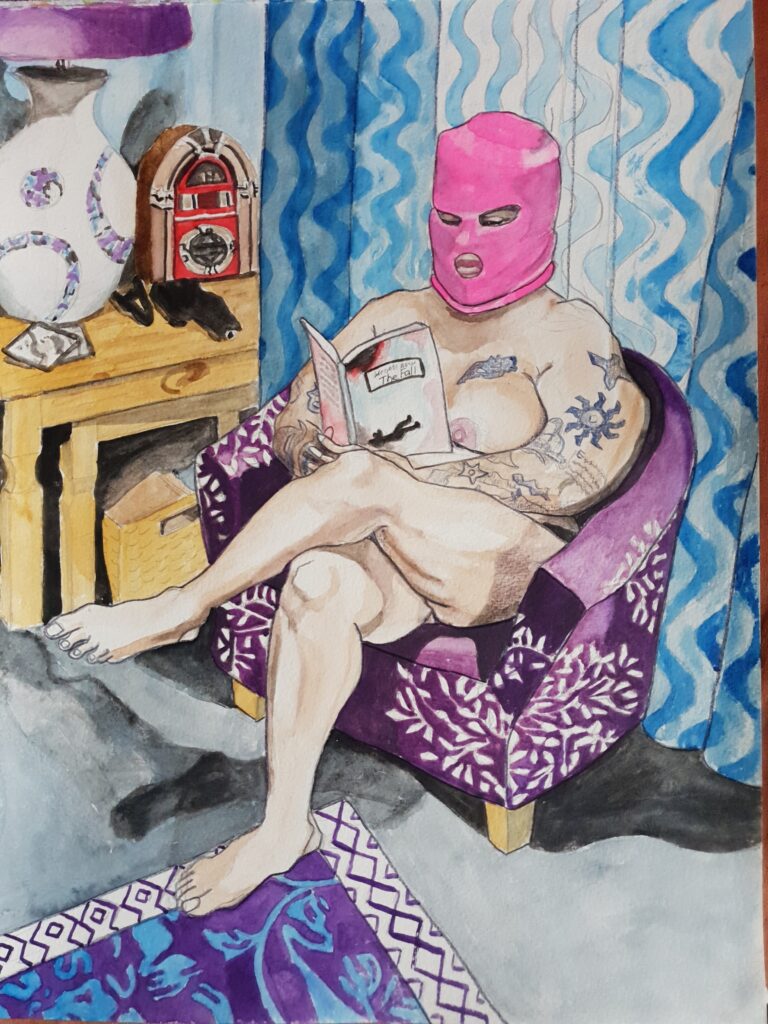 ID Watercolour portrait - Image is of a naked woman sat in a purple chair with a white leaf pattern on it. She is wearing a bright pink ski mask and is reading a book called “The Fall” and has her legs crossed. She has some tattoos on her arms and one on her chest. Behind her is a wavy patterned curtain which is in shades of blue the carpet is grey. On the left of the picture is a nest of tables with a lamp and Art Deco style radio on it. Her foot which is on the floor is on the corner of a patterned rug Which is blue purple and white.