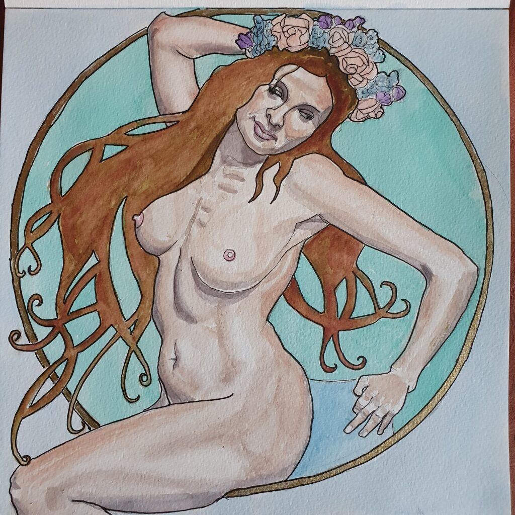 ID Watercolour painting of fantastic life model @ewamaligranda She is posed slightly twisted to one side, sat down with hand behind her head, head leaning slightly backwards, her front arm, her hand is resting on the back of a chair. I have done her hair in Alphonse Mucha style tendrils and she is wearing a wreath of flowers on her head. There is a circular ring behind her of which her leg and hair tendrils overlap, her hair is auburn and the circle is in gold ink. The back ground in the circle is in pale jade and the background outside the circle is in very pale blue.