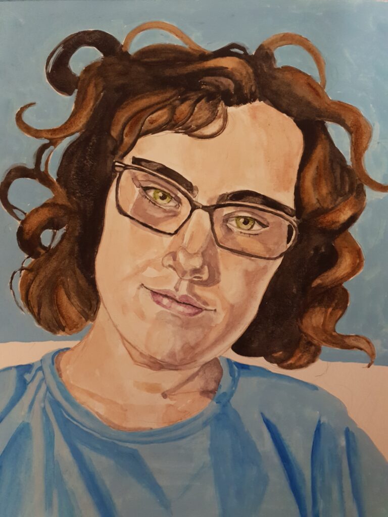 Painted portrait of woman with green eyes and dark hair, she has dark thick eyebrows and is wearing black framed glasses. She is wearing a pale blue t shirt and the back ground is pale blue with white strip across the page at neck and shoulder height