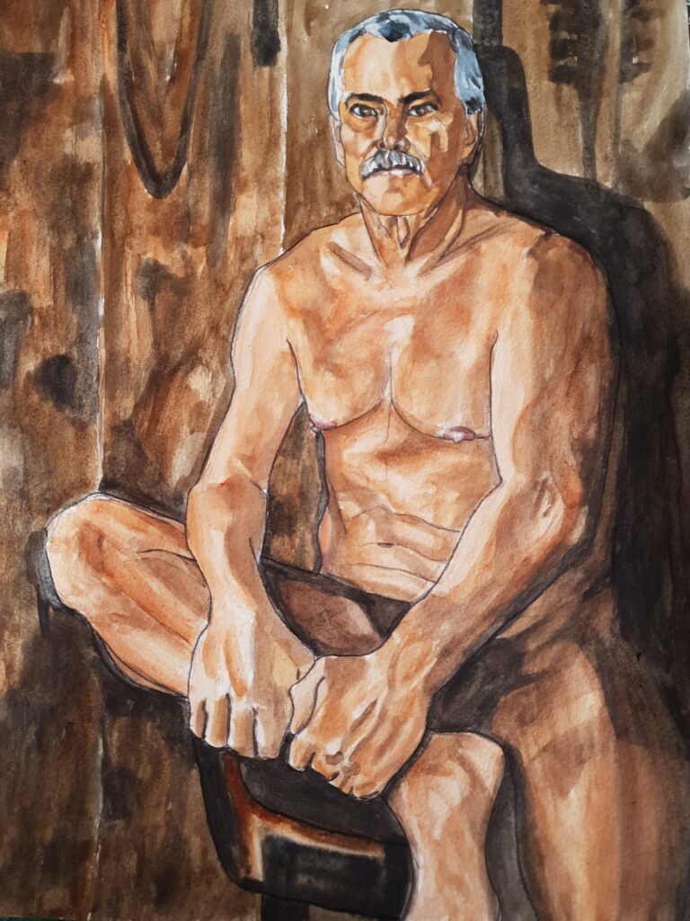 older man sat in sauna with one leg raised up to the side she has a moustache and grey hair