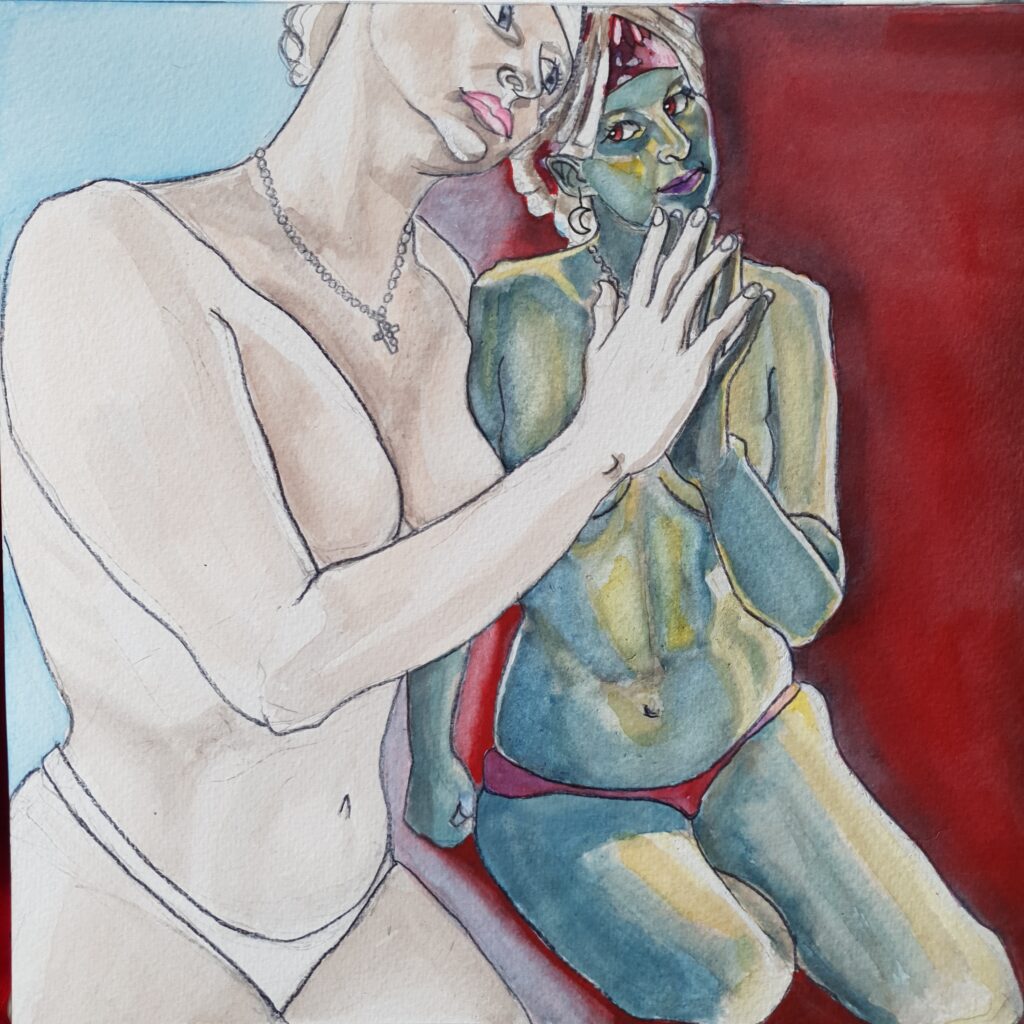 ID Person sat on floor with mirror image. The image looking into the mirror image is pale and on a pale blue background They are wearing white knickers and a crucifix necklace and a white bandana. The person in the mirror is in shades of blue/green with hightlights in yellow and white. They have red eyes, a red bandana and knickers, their background is red. They are wearing a moon earring.