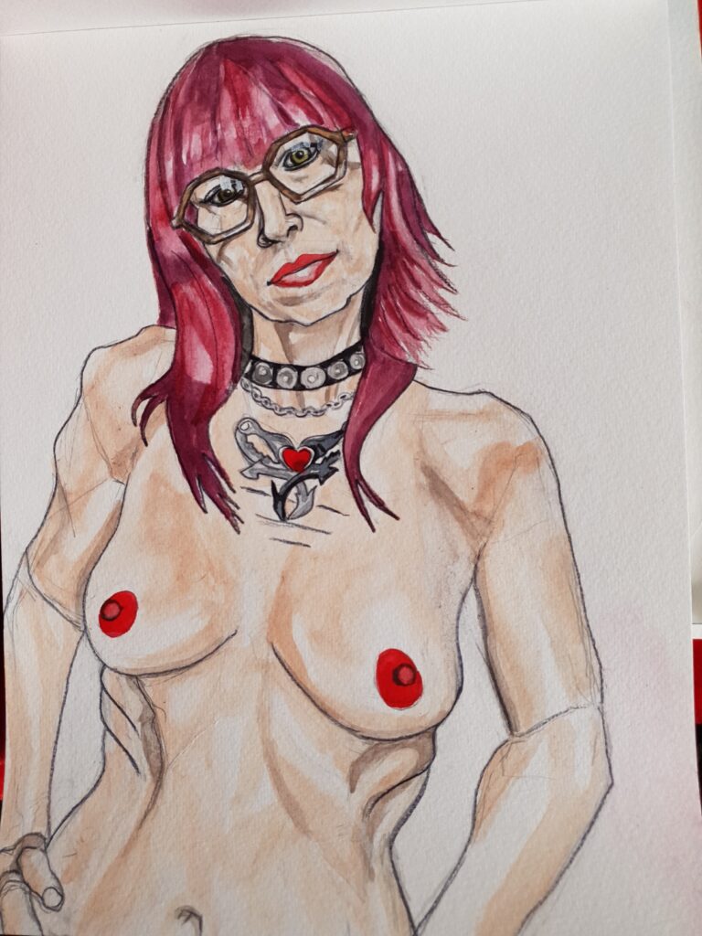 ID self portrait of me topless with hands on hips which are tilted as are my shoulders. I have painted my nipples and lips read and the heart in the centre of my necklace, I am wearing glasses and I have pinky red hair in a feather cut. My necklace is a black choker with silver discs on it and a design of a light and dark dragon entwined round a red heart.