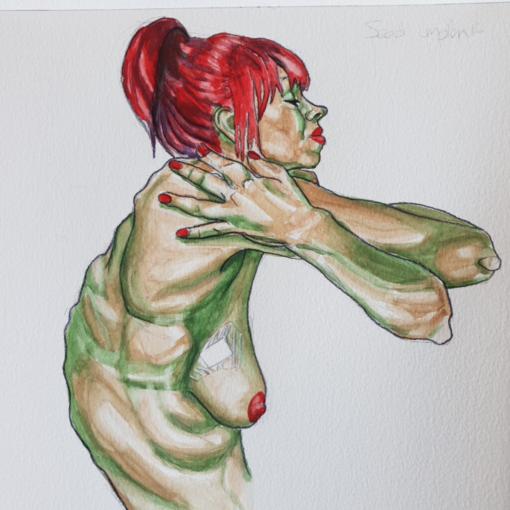 ID watercolour painting of me viewed from the side, I have arched my back backwards and one amr is crossed over the other with hands resting on shoulder and elbows pointing forwards. This is based on a pose by the fabulous model Nicole, which I thank her for the inspiration. The darker shades of my skin I have done in green and the other shades are light brown colours. My hair is red as are my lips, nails an nipple. On the side of my breast, just before it reaches my body, is a dressing over where they put the radioactive seed in, the dressing is covered with a waterproof dressing.