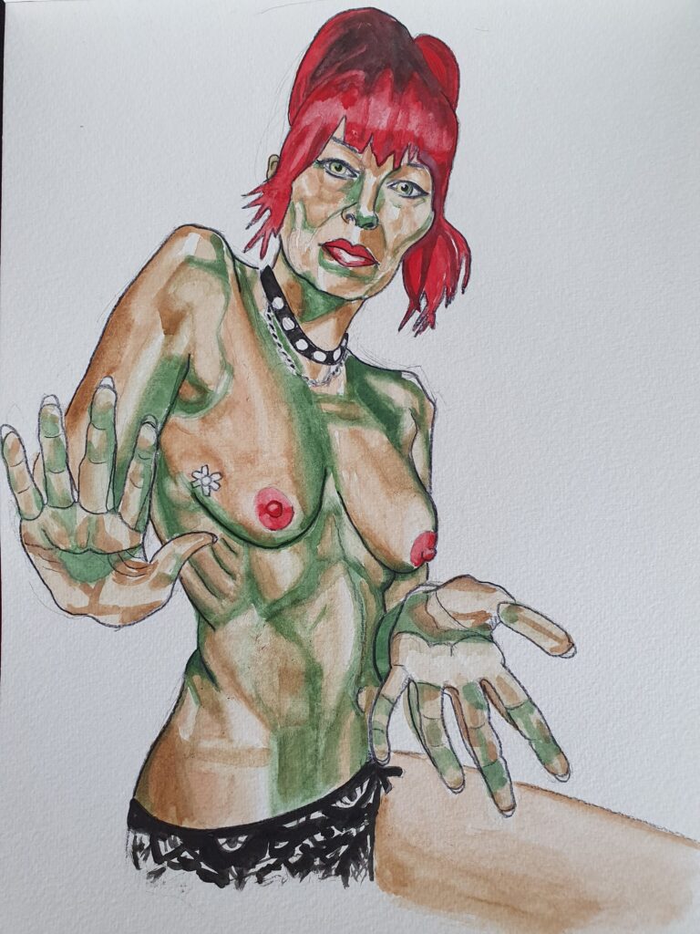 ID ID 3/4 angle pose. I am looking down and have my shoulders at a sharp angle with the forground shoulder high and the back shoulder low. The top half of my body from the waist, is twisted round more towards the front. My front hand is spread, fingers and palm facing forward and upward and my bottom hand is facing downward with the palms showing. On my breast at the side, can be seen some paper stitches. I have my hair tied up with wisps at the side and am wearing a choker necklace. the shadows on my body have been painted in green and my eyes have been painted green and yellow and my nipples and lips have been painted red and the next shade has been painted in a brown colour an the final shade painted in a paler brown with hair, knickers and necklace finished also