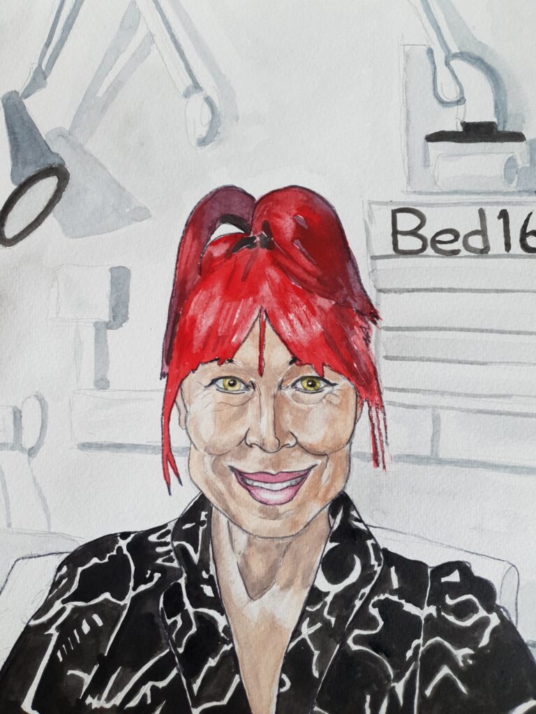 ID Self portrait of me in bed in Wythenshawe hospital, following my operation for a lumpectomy. I have read hair which is tied up and am wearing black pyjama top with white squiggly lines on it, which are actually cat oultines, but that is not clear. I am leaning on a pillow, behind me is the hospital wall with a board with "bed 16" written on it and a lamp attached if and a socket and a few other bits which im not sure what they are.