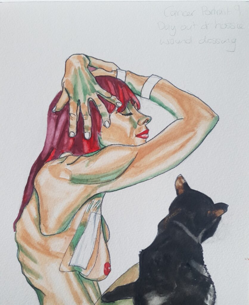 ID self portrait painted in green, tan and light cream colour and lips and nipple painted red. Mango, my black cat, has been painted. I am viewed from the side of the wound. My front arm is bent and resting on the top of my head, the other arm is bent up at the side and you can see my hand splayed across the side of my head facing . I have rounded my upper back slightly and because my arm is raised, you can see the large dressing running down the side of my boob, where my boob heads into my armpit. I still have the two hospital tags on my right arm. Mango, my cat has her back to the camera and is resting one paw on my leg.