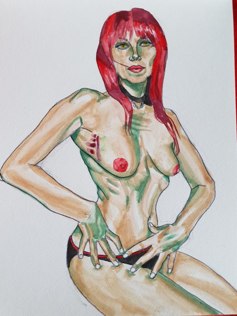 ID completed self portrait. My face is facing forward and by body is at 3/4 angle with my hands held in tense poses to the front of the image, so my arms are bent at the elbow, Im kneeling down. I have painted the dark shades in in green and have painted in my eyes lips and nipples and also the wound and bruising round it and the next shade has been added which is a mid to pale brown and the final colour, light wash of very pale reddish brown. and hair is painted in shades of red and purple.