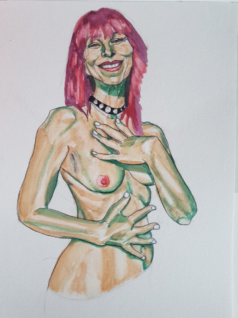 ID Me smiling I have painted the green as the dark shade and the paleish orange brown as the next shade on the skin. I have one hand at my chest and the other across my stomach and am at 3/4 angle so you can see my scar. I am smiling because it was teh day I found out that my nodes were clear of cancer, though somewhat alarmed that the area they had removed was 3cm due to some dodgy tissue surrounding the tumour! I have now completed the portrait by painting in the third colour and blending, the third colour is a pale cream colour. I have also painted in my red shaggy hair, with fringe and my black choker necklace with chain underneath and small metallic discs ontop of the leather choker