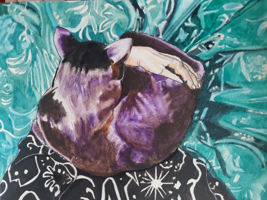 ID Arial view of Completed painting of black cat being cuddled. Painted in shades of Black, brown and purple The cat is curled up in a ball and she has an arm wrapped round her with a hand (mine) resting on her thigh. You can see the pattern of my fabulous black cat pyjamas at the bottom on the picture which is my arm and lap, and is white outline on black backgroundand surrounding the rest of the cat is the pattern on my quilt on my bed. Which is in shades of teal green with paler pattern on it.