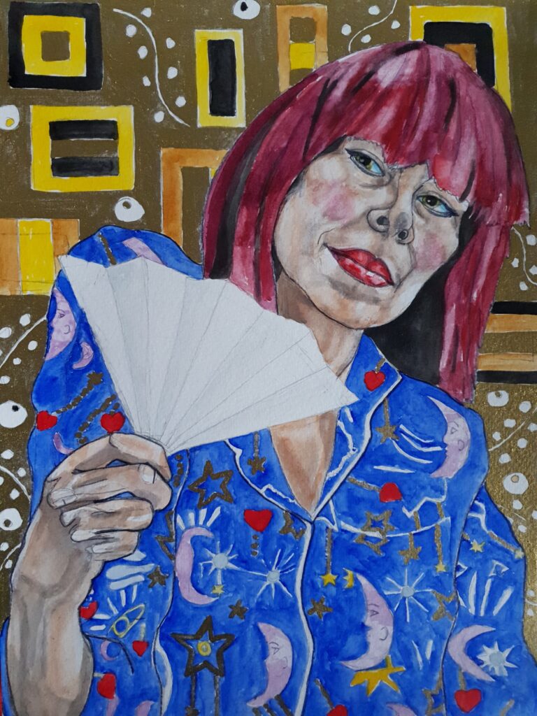 ID have now painted in the main background in goldink, pattern in squares of yellow, gold ochre and black, white dots and small circles and squiggly lines. Pattern is Klimt influenced. Portrait of myself Im a white woman with poppy red hair wearing red lipstick and eyeliner, my pyjama top is blue with patterns of lilac crescent moons, gold and white stars and red hearts, Im holding a fan and fanning myself to combat a hot flush and I have flushed cheeks due to it too.
