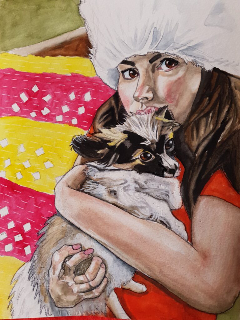 ID watercolour painting of beautiful woman with dark hair, she is holding her papillion dog and is wearing a furry white hat, she has dark hair, her top is orange, her eyes are brown, in the background can be seen, a red and yellow striped cushion with mirrors on it and stitching.