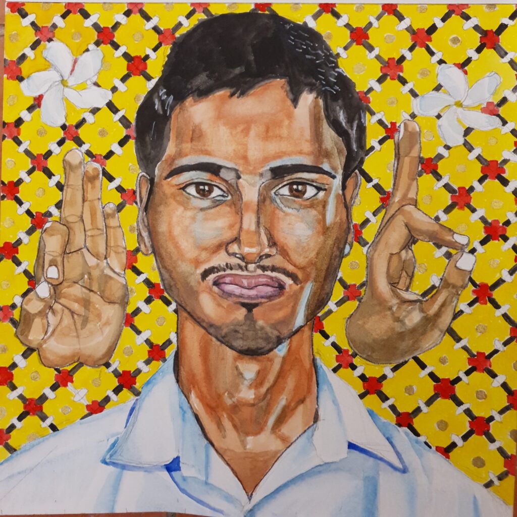 ID Young Indian Man with black hair and eyebrows and moustache and sparse beard. He has dark brown eyes and is wearing a pale blue shirt. On either side of his head are hands in the Chin mudra, representing healing for lower back pain, amongst other things, above the hands are Indian jasmine flowers, the background is based on a pattern from Indian block printing and is predominantly yellow, but is also, black, red, white and gold.