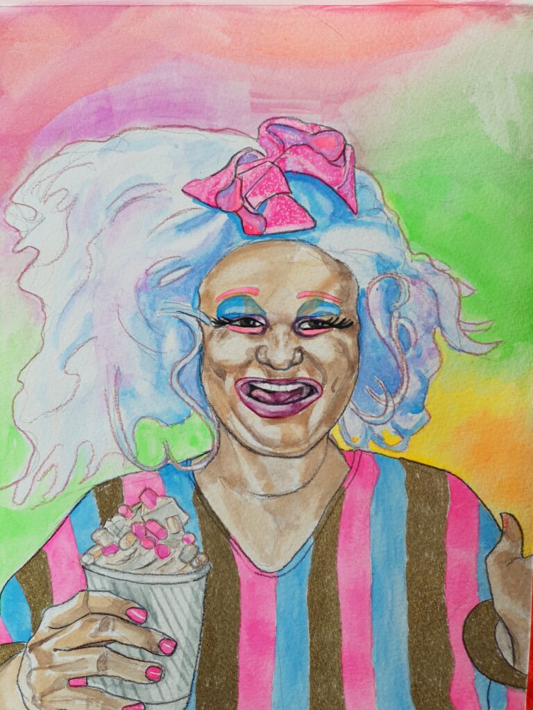 ID portrait of young woman in drag, she is wearing a pastel bluey pinky wig with a pink ribbon on top and exaggerated blue eye make up and false eye lashes, She has pink eyebrows and pink underneath her eyes and purple/pink lipstick. She is holding a cup of drink topped with little mini pink and white marshmallows and cream and is wearing a stripey jumpsuit with gold, pink and blue stripes. The background is flourescent orange, green, pink and purple blended . I used my flourescent watercolours for most of this!