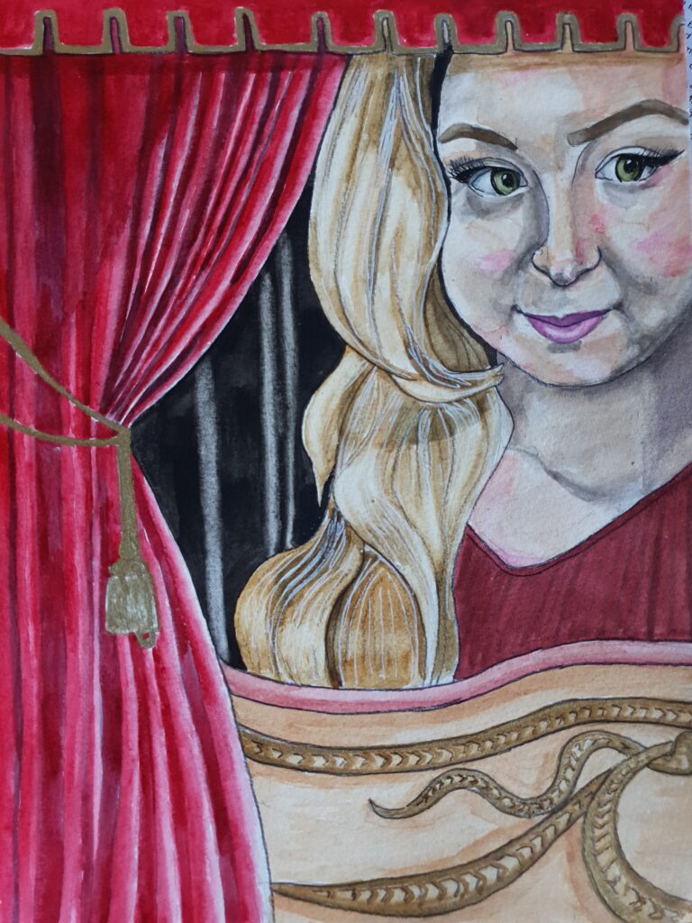 ID Lovely young woman with thick, wavy blonde hair, she has large green eyes and drak eye lashes and a mona lisa smile, she is set in a scene of a theatre curtain drawn back and a decorative edge of a theatre box running along the bottom of the painting, she is wearing a maroon jumper and the theatre curtain is red